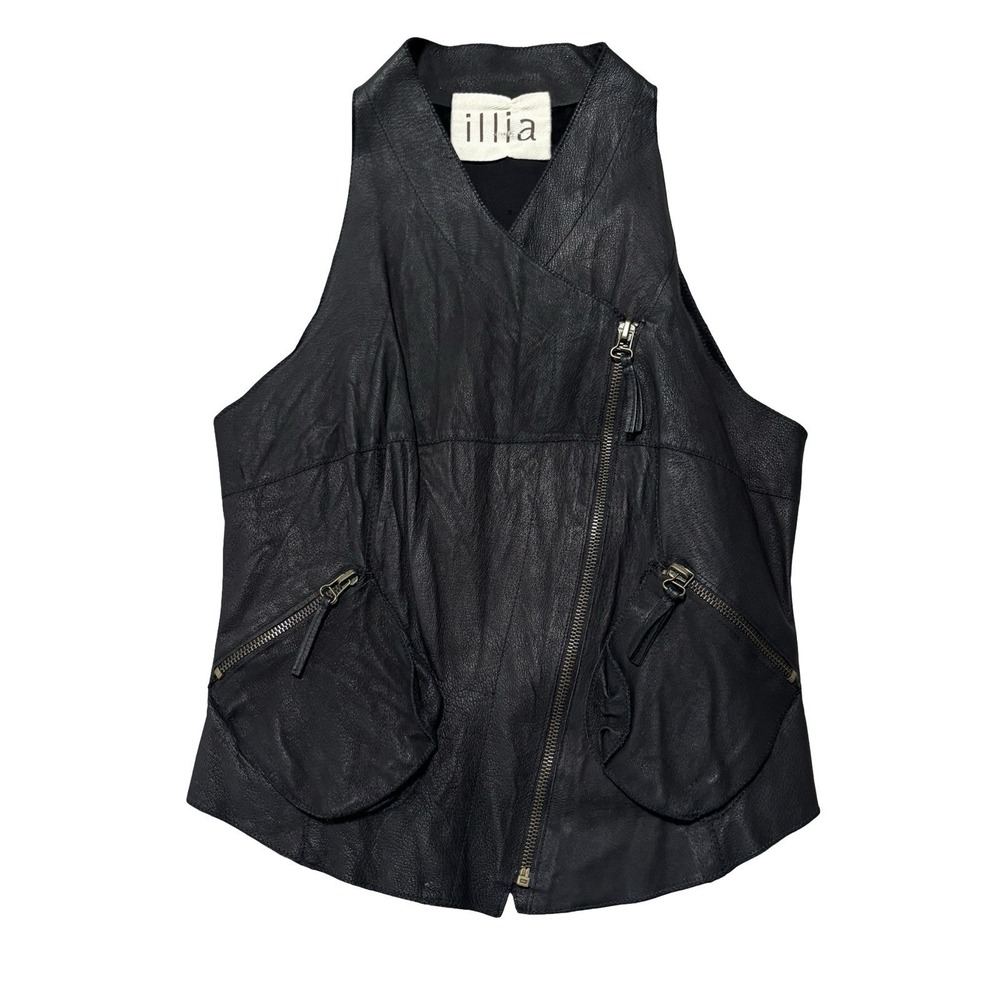 Illia Leather Moto Vest‎ Black Asymmetric Zipper Front Pockets Women's Size 2